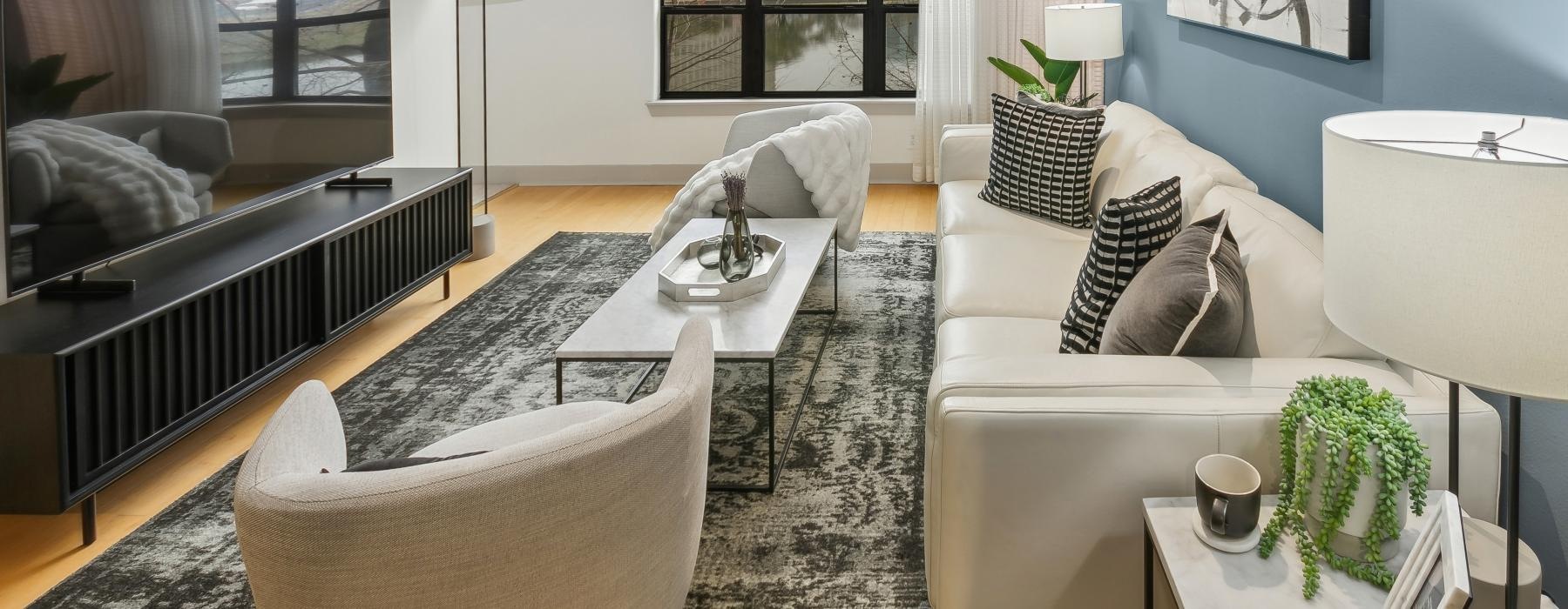 a modern living room with a large window