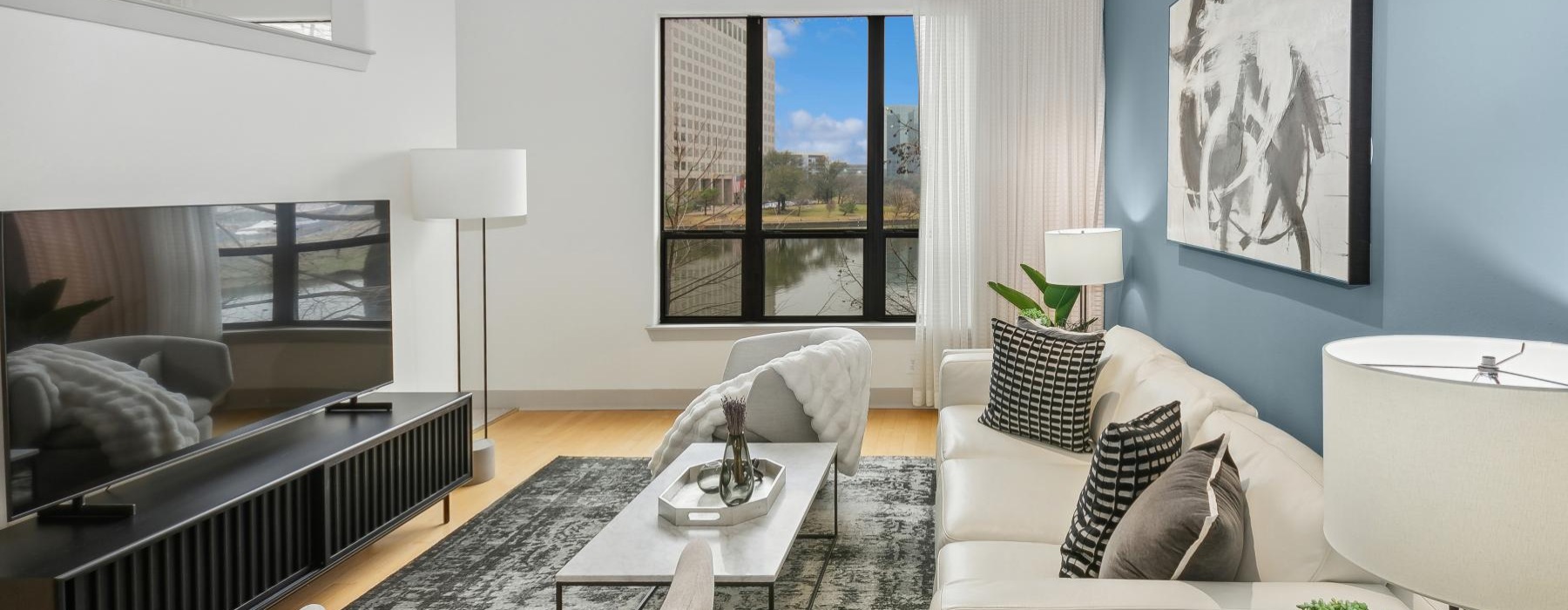 a modern living room with a large window